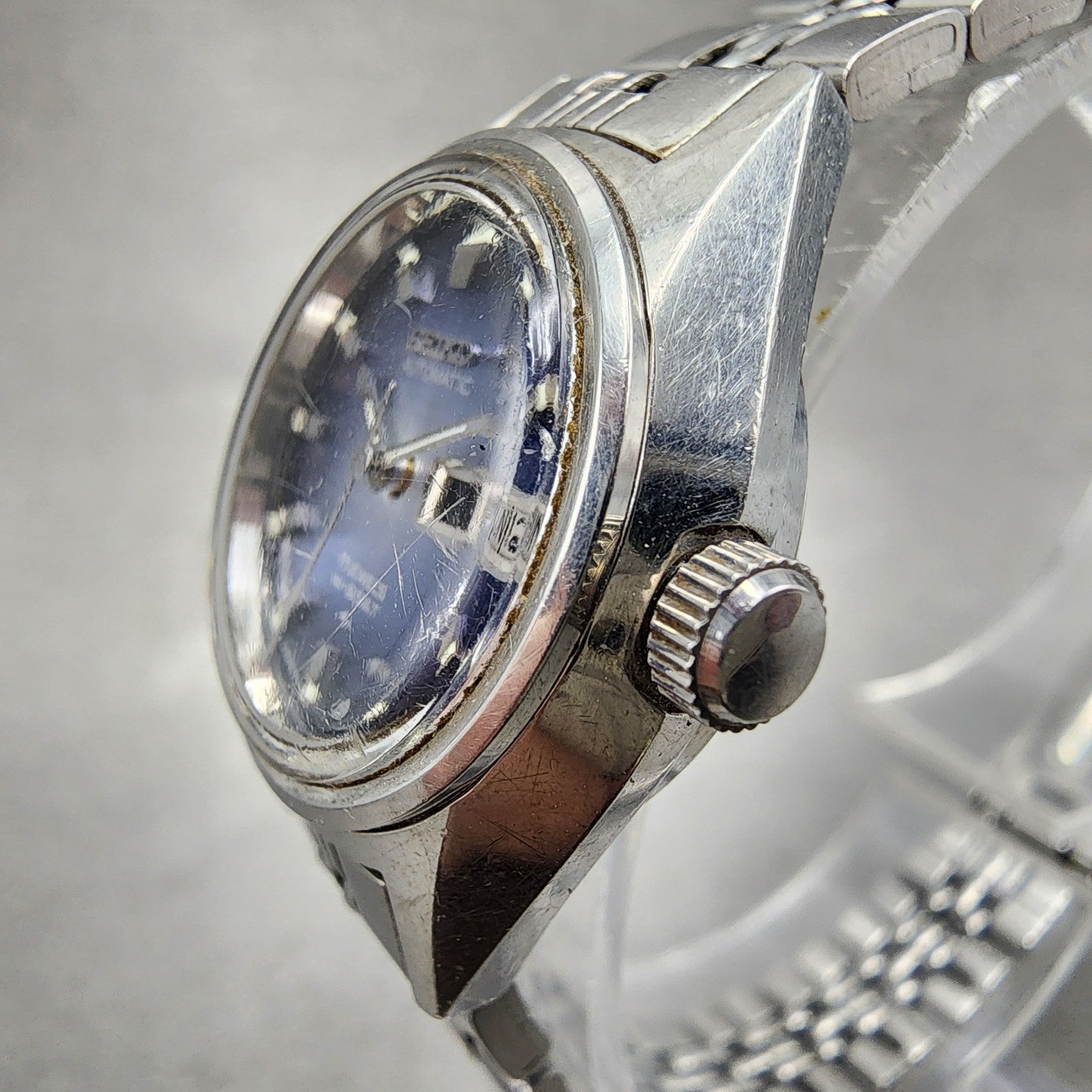 Seiko Automatic Watch Women 25mm Blue Dial Silver Tone Daydate READ!!! 2206 Runs2