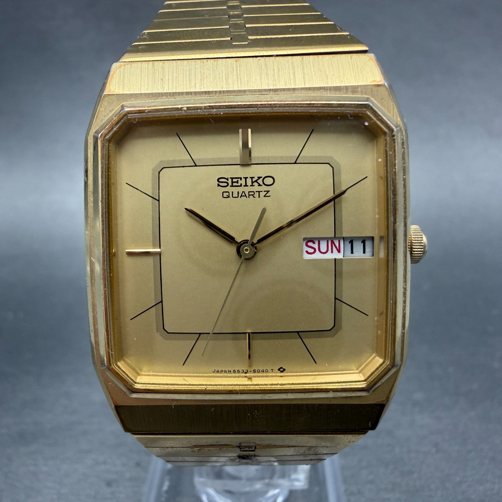 Seiko Watch Men 29mm Champagne Dial Gold Tone Daydate Square 6533-5039 PARTS VTG2