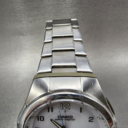 Casio Wave Ceptor Watch Men 41mm White Dial Silver Tone Solar WVAM600 Works4