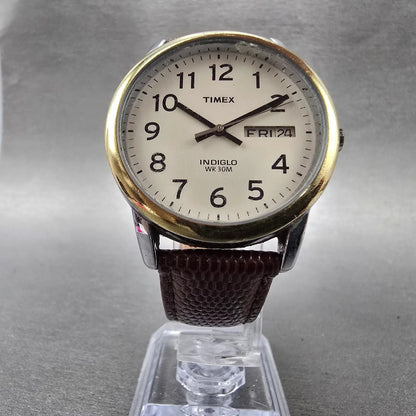 Timex Indiglo Watch Men 35mm White Dial Two Tone Daydate Round New Battery4
