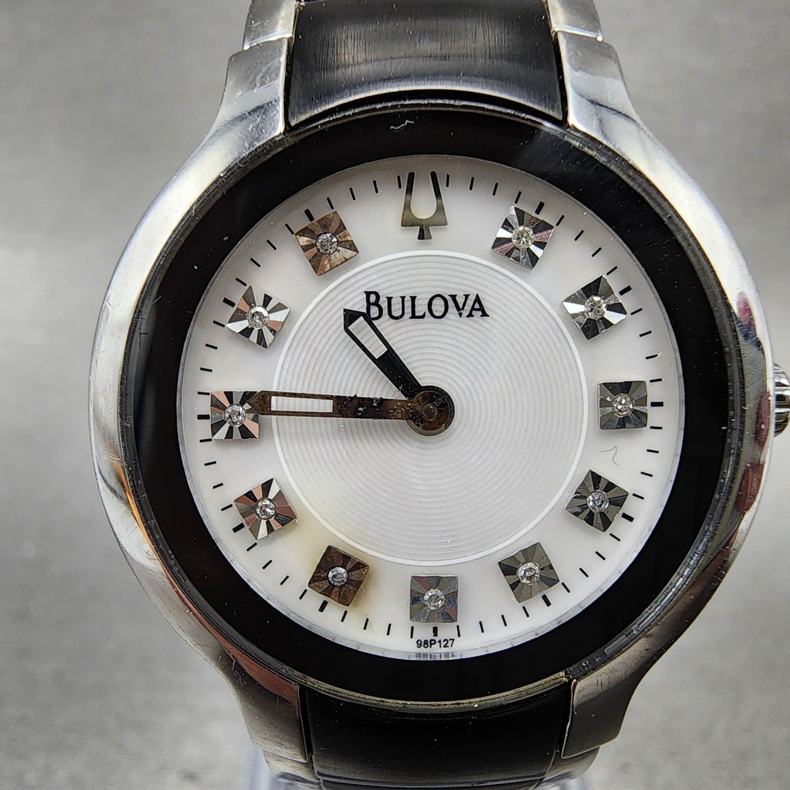 Bulova Diamond Watch Women 28mm MOP Dial Black Silver Tone Round 98P127 PARTS2