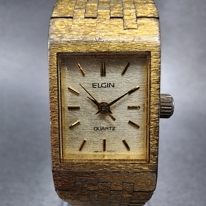 Elgin Tank Watch Women 16mm Champagne Dial Gold Tone Date Rectangle New Battery1