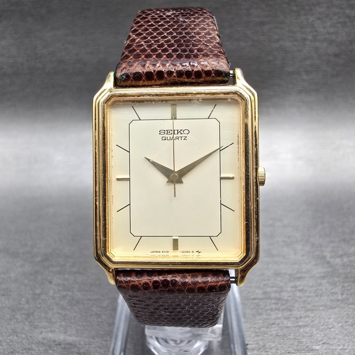 Seiko Watch Men 25mm Champagne Dial Gold Tone Rectangle 5Y31-5A39 New Battery0