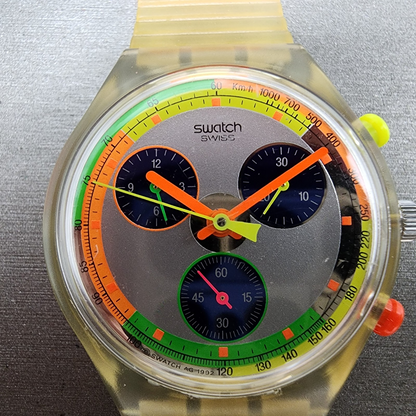 Swatch Jelly Stag Chrono Watch Men 37mm Silver Dial Clear Tone READ!!!! New Batt1