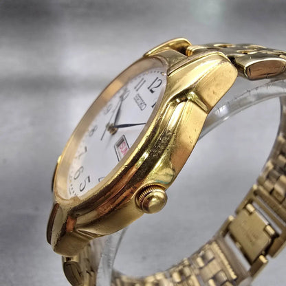 Seiko Watch Men 34mm White Dial Gold Tone Daydate Round V733-6C80 New Battery2