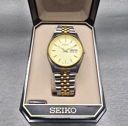 Seiko President Watch Men 36mm Cream Dial Two Tone Daydate 7N43-8111 New Battery0