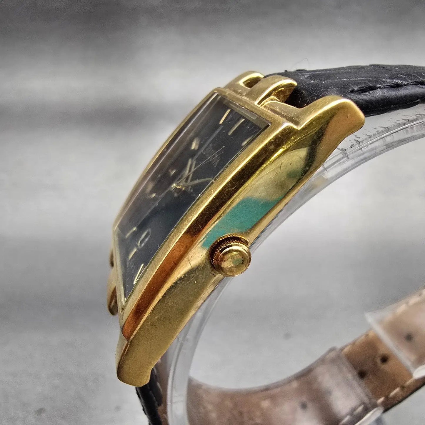 Bulova Watch Men 25mm Black Dial Gold Tone Date Rectangle New Battery 97B42 VTG2