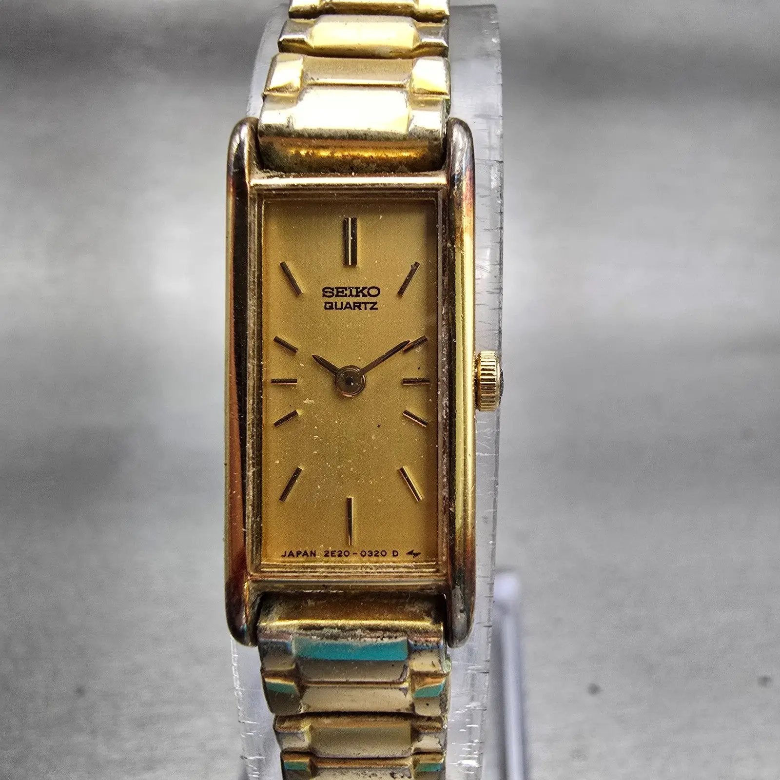Seiko Watch Women 12mm Gold Dial Gold Tone Rectangle 2E20-5239 New Battery VTG0