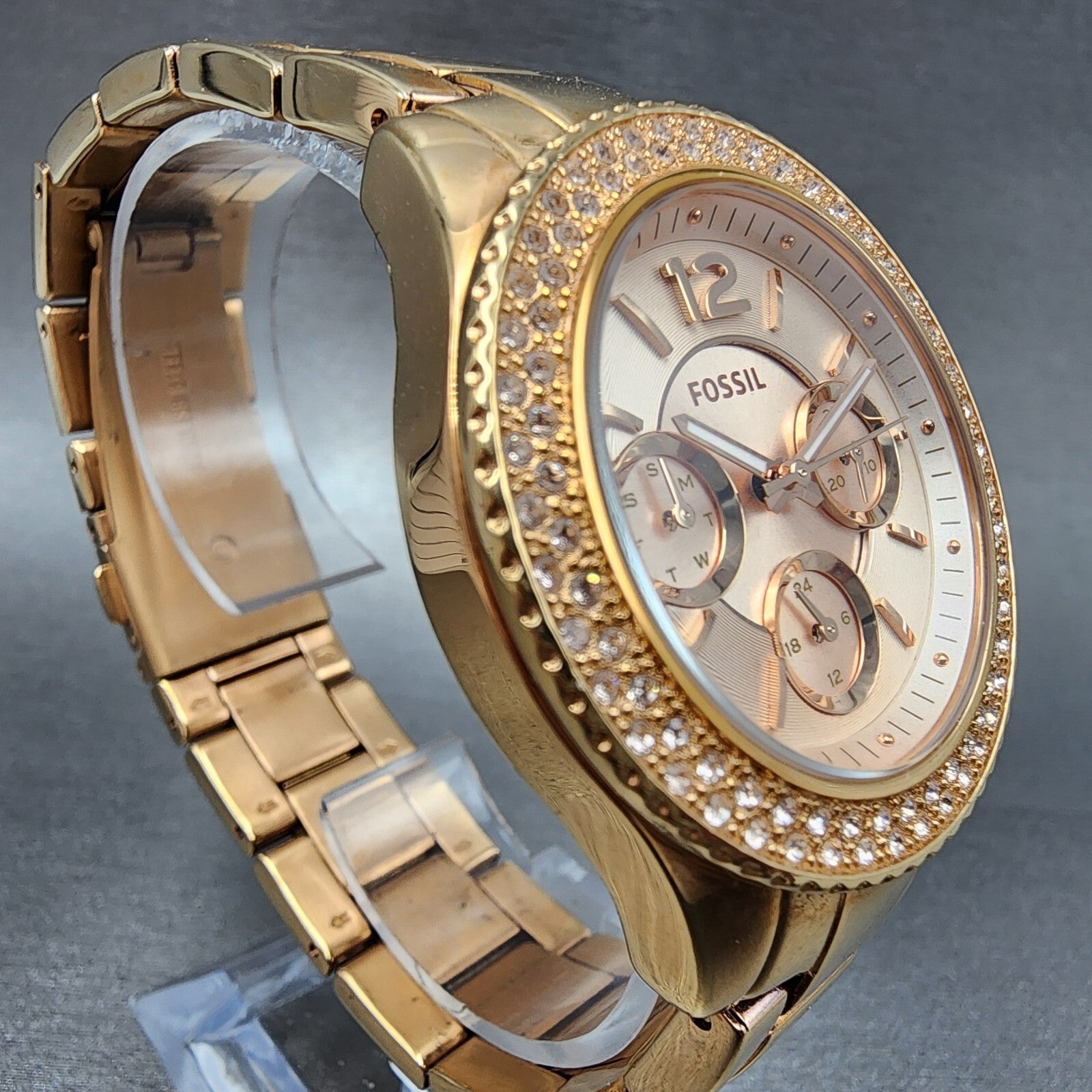 Fossil Stella Watch Women 38mm Rose Dial Rose Gold Tone Daydate Round New Batt3