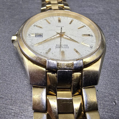 Citizen Eco-Drive Watch Men 38mm White Dial Gold Date READ!!!! E111E111-S0495214