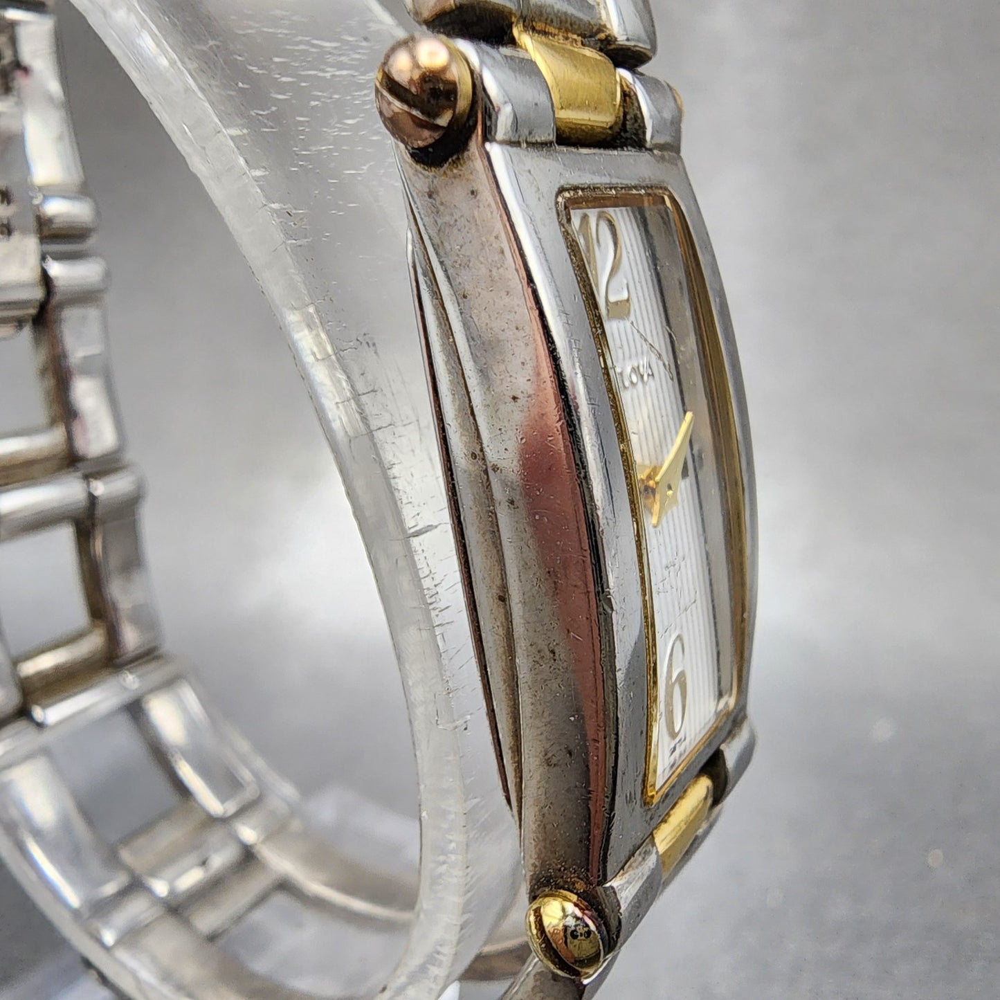 Bulova Tank Watch Women 14mm White Dial Two Tone Rectangle 98t14 New Battery3