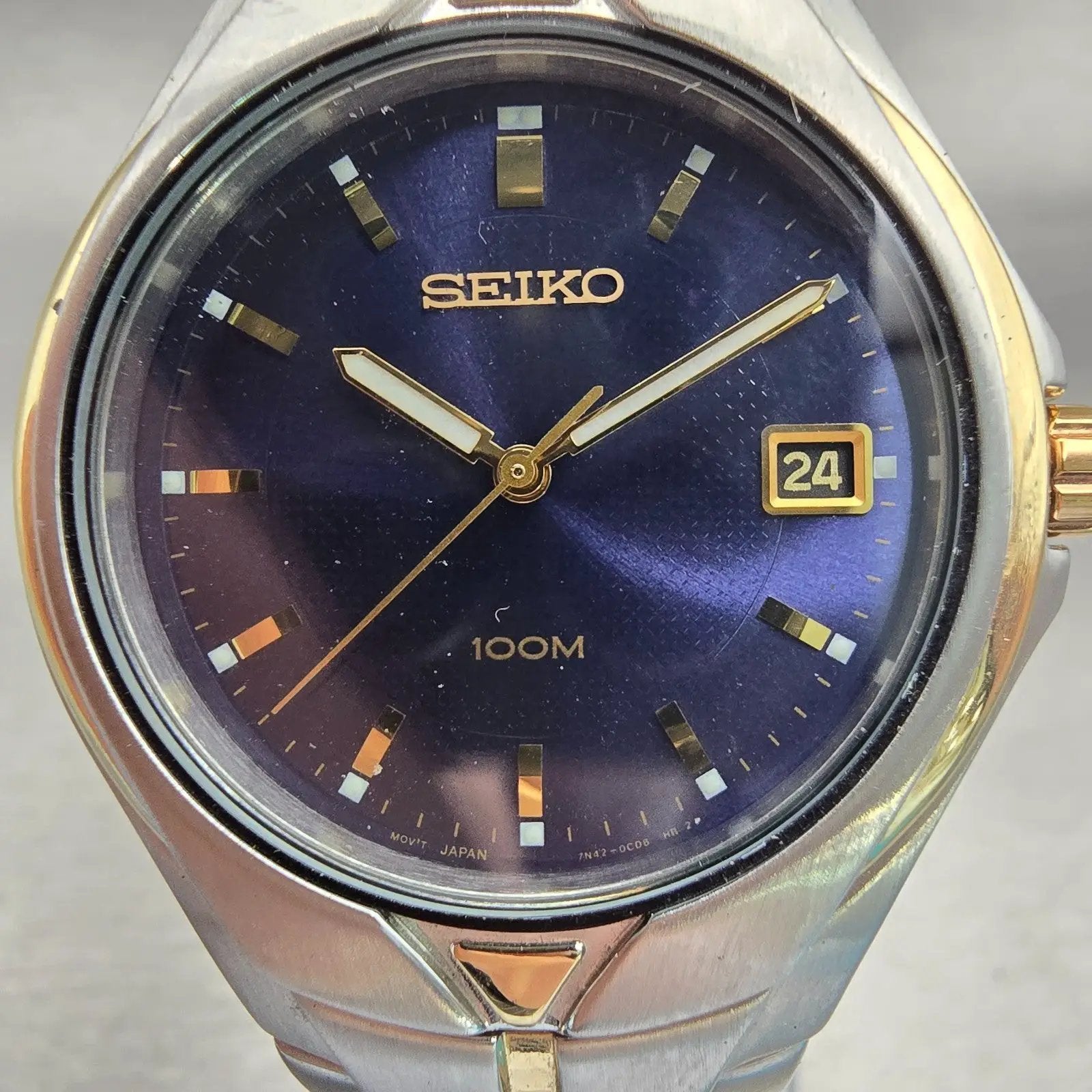 Seiko Watch Men 37mm Blue Dial Two Tone Date Round 7N42-0BC0 New Battery Vintage1