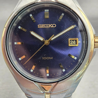 Seiko Watch Men 37mm Blue Dial Two Tone Date Round 7N42-0BC0 New Battery Vintage1