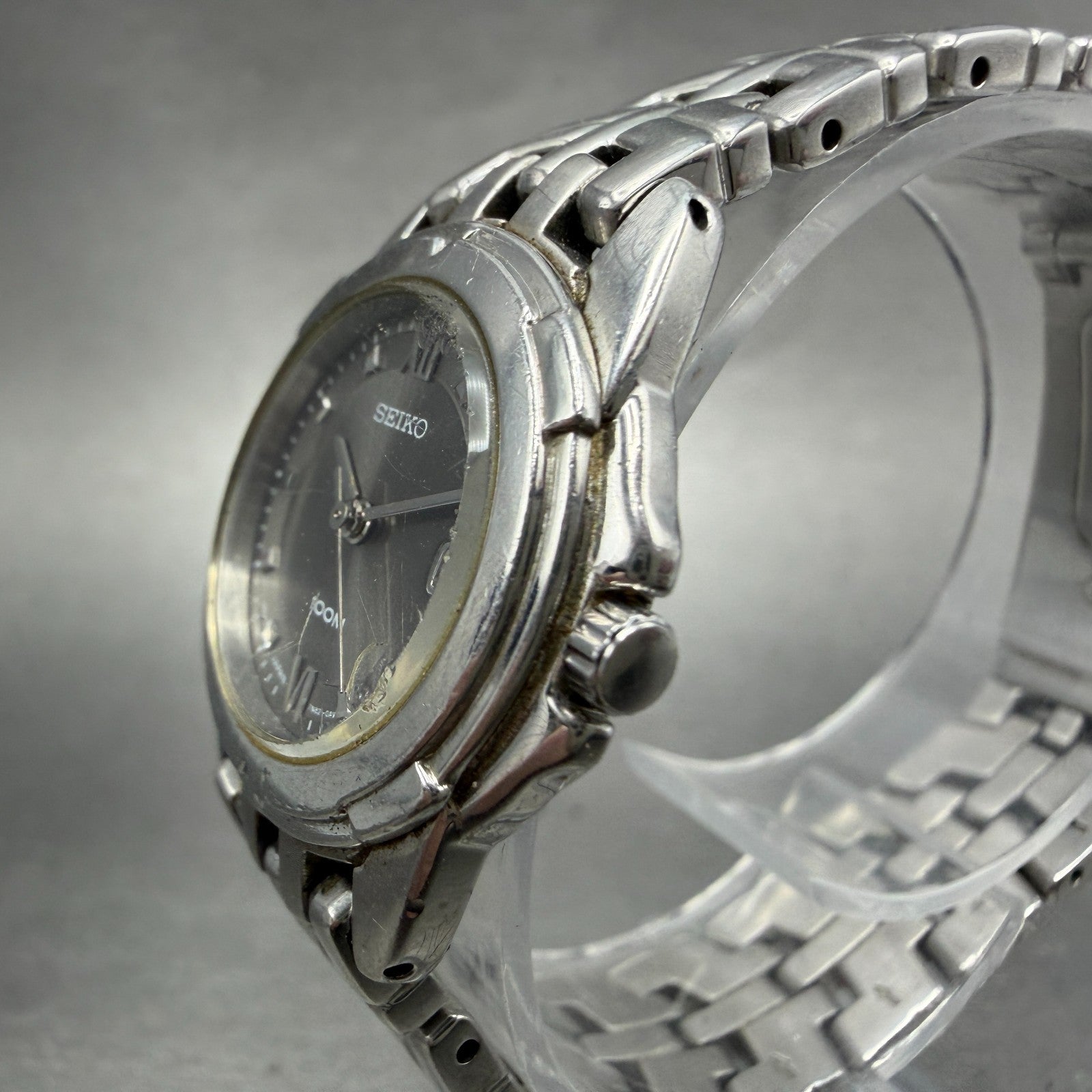Seiko Watch Women 26mm Black Dial Silver Tone Date Round 7N82-0AM0 New Battery N2