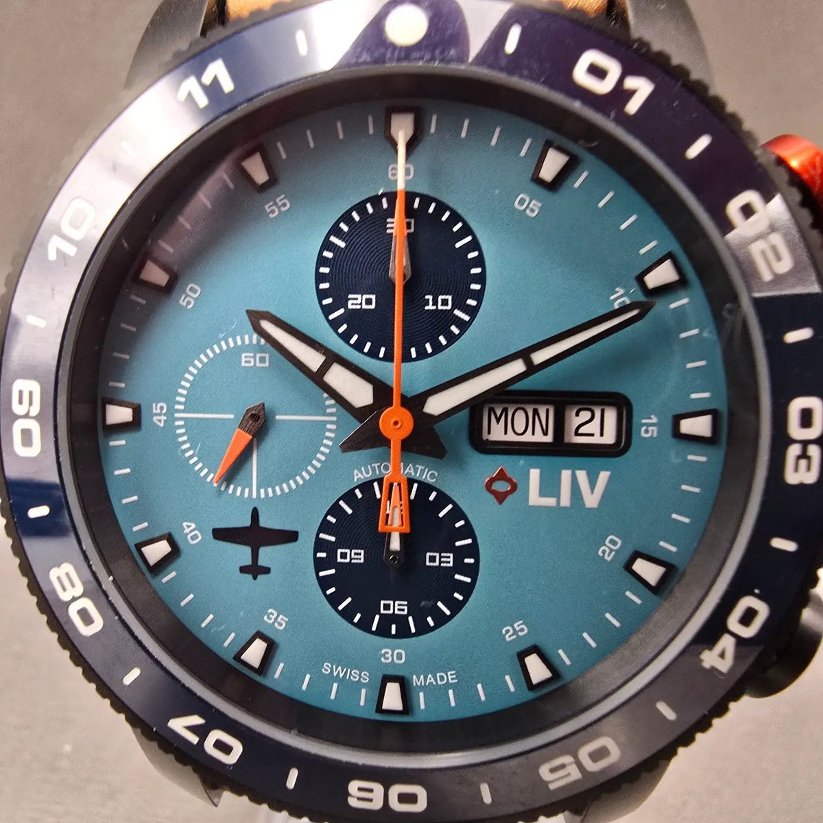 LIV P-51 Cripes A Mighty Chronograph Watch Men 46mm Blue Dial Titanium Automatic1