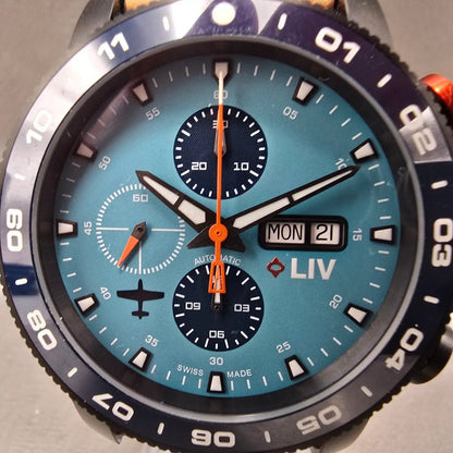 LIV P-51 Cripes A Mighty Chronograph Watch Men 46mm Blue Dial Titanium Automatic1