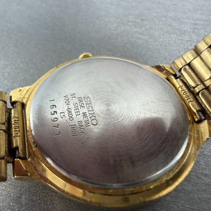 Seiko SX Watch Men 34mm Cream Dial Gold Tone Round Vinatge V701-6K00 New Battery9
