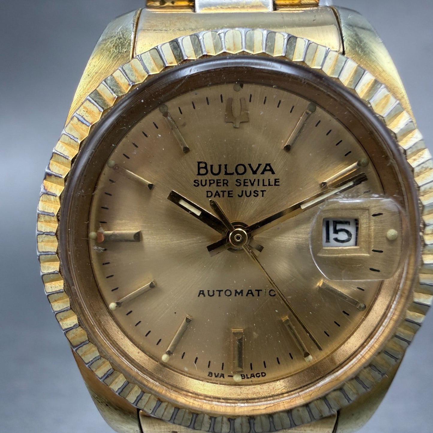 Bulova Super Seville Date Just Watch Women 26mm Gold Dial Gold Tone Automatic A11
