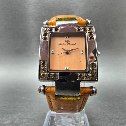 Lucien Piccard Tank Watch Women 23mm Orange Dial Silver Gem Set Rectangle NewBat5