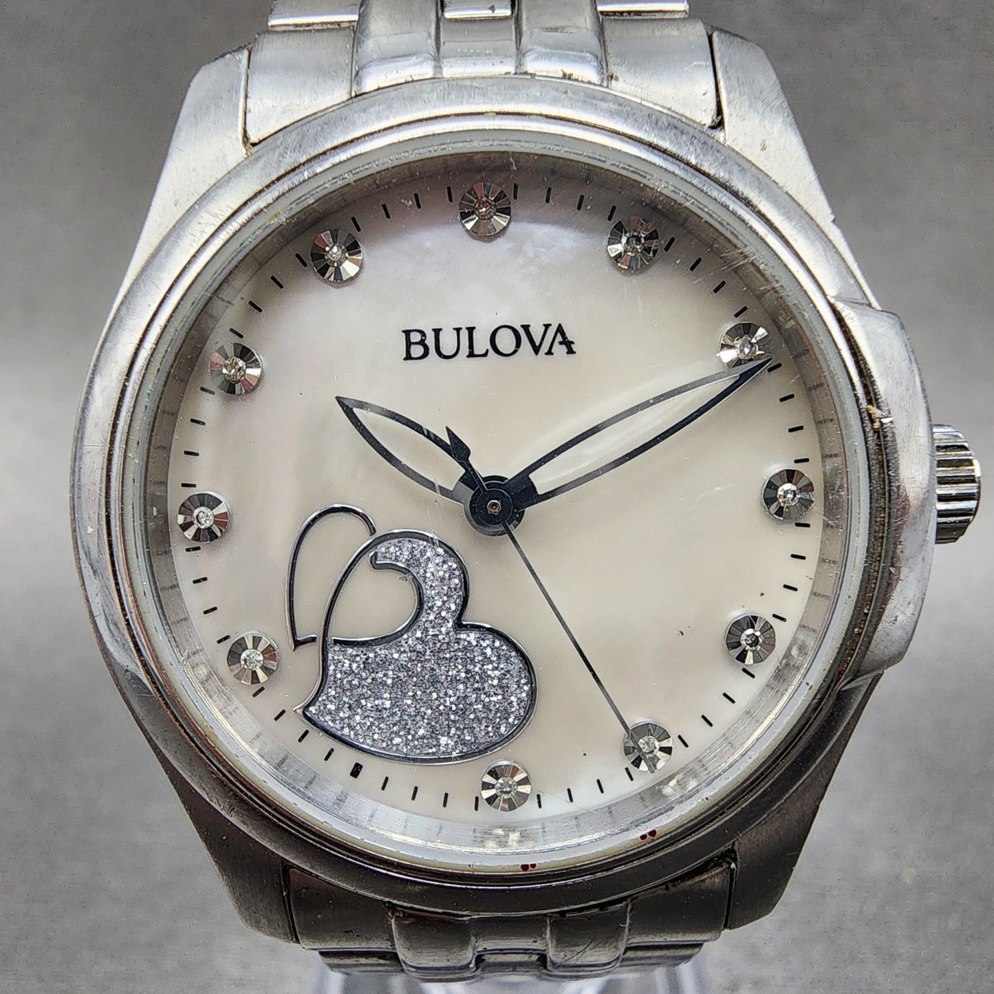 Bulova Diamond Watch Women 34mm MOP Heart Dial Silver Tone 96P182 New Battery1