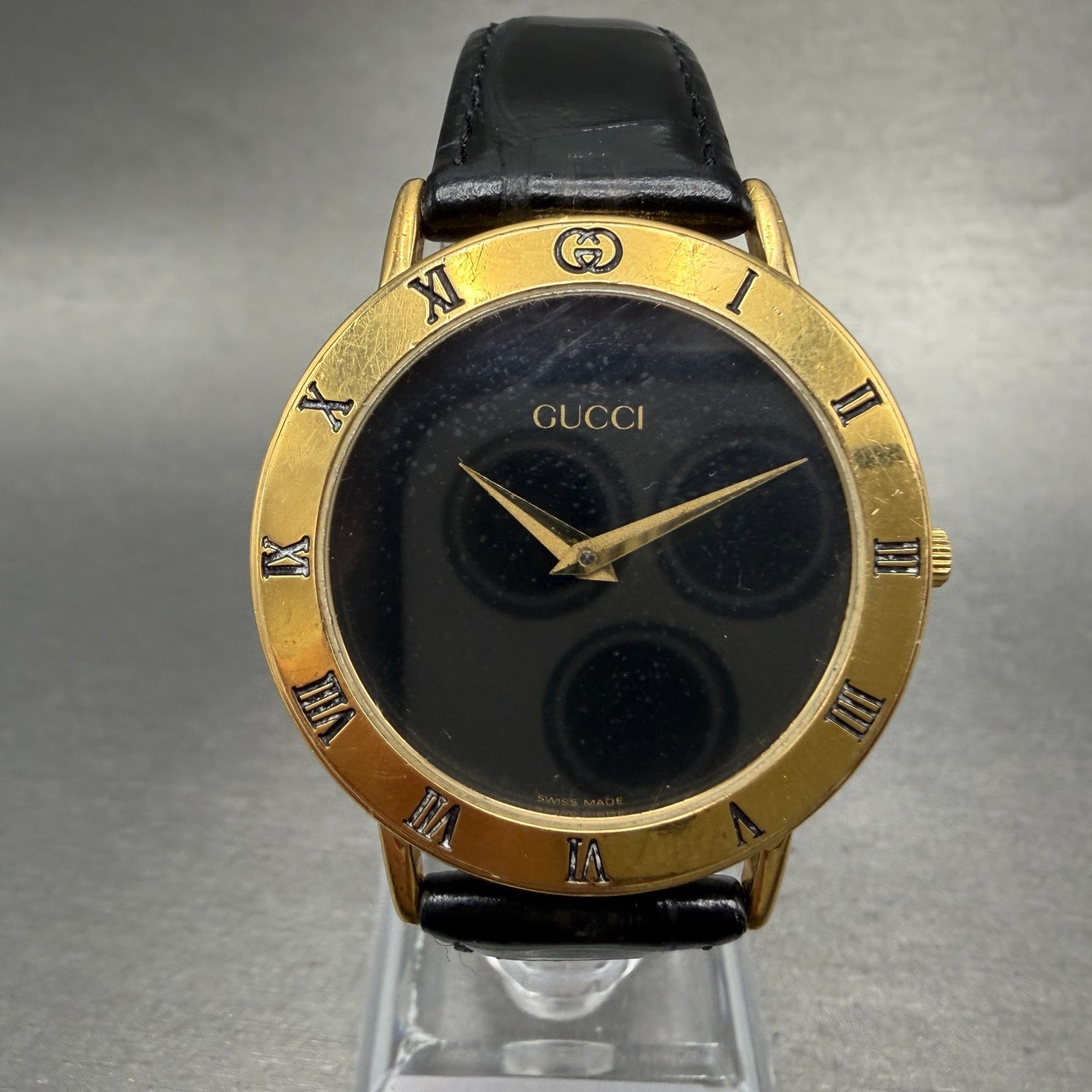 Gucci 3000M Watch Men 33mm Black Dial Gold Plated Round Leather New Battery0
