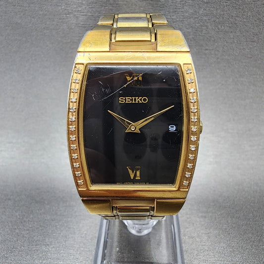 Seiko Watch Men 30mm Black Dial Gold Tone Diamond Bezel Tonneau 7N39-0BL0 NewBat