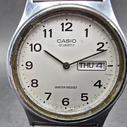 Casio MQ-514 Watch Men 33mm Silver Dial Silver Tone Round Daydate New Battery ZA1