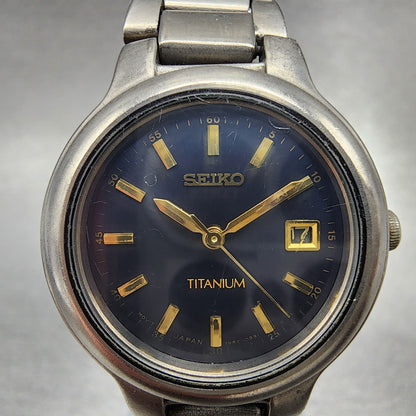 Seiko Watch Women Titanium Blue Dial Date 27mm Round 7N820439 New Battery1