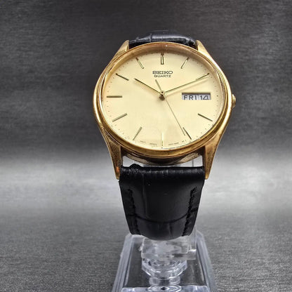 Seiko Watch Men 34mm Champagne Dial Gold Tone Daydate Round 7N43-8A89 New Batt X5