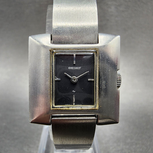 VTG Seiko Watch Women 24mm Black Dial Steel Rectangle Manual Wind Runs 1134700