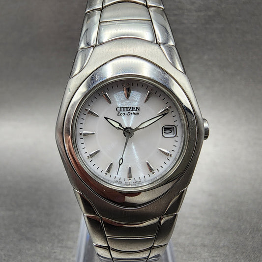 Citizen EcoDrive Watch Women 26mm White Dial Steel Date Round EW013051A Runs0