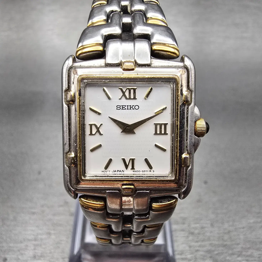 Seiko Tank Watch Women 20mm White Dial Two Tone Rectangle 4N00-7049 New Battery0