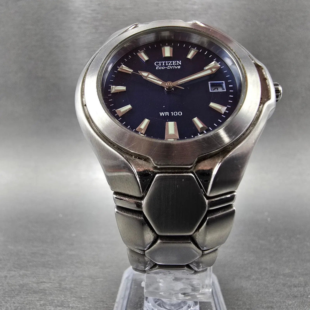 Citizen Eco-Drive Watch Men 39mm Blue Dial Silver Tone Date E110-K16385 Runs JP55