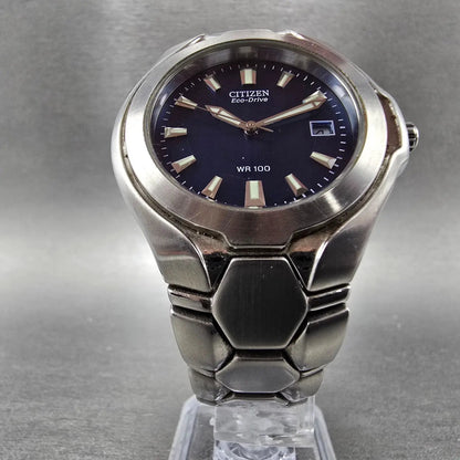 Citizen Eco-Drive Watch Men 39mm Blue Dial Silver Tone Date E110-K16385 Runs JP55