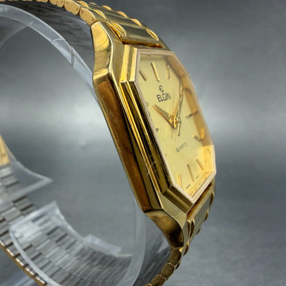 Elgin Watch Unisex 27mm Gold Dial Gold Tone Octagon New Battery Vintage3