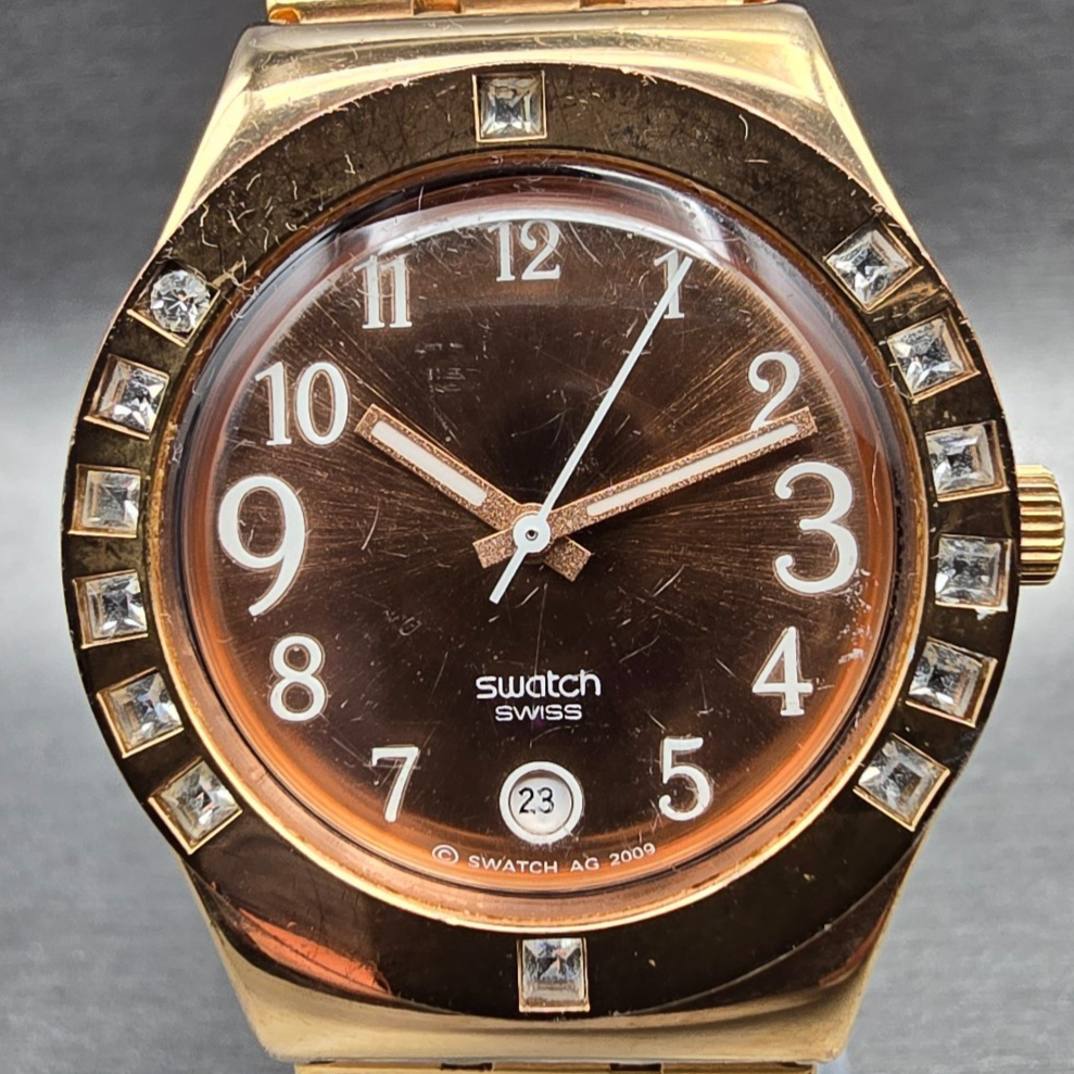 Swatch Irony Fancy Me Pink Gold Watch Women 33mm Gemmed Date YLG403 New Battery1