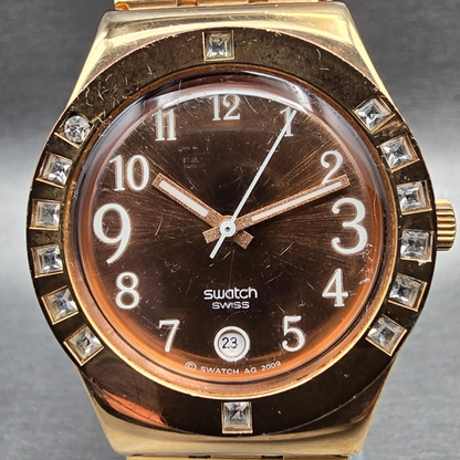 Swatch Irony Fancy Me Pink Gold Watch Women 33mm Gemmed Date YLG403 New Battery1