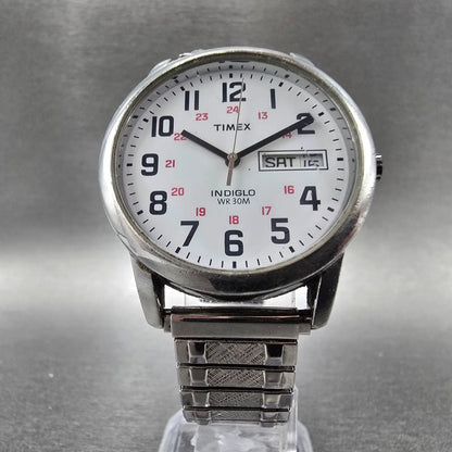 Timex Easy Reader Watch Men 35mm White Dial Silver Daydate T20461 New Battery 895