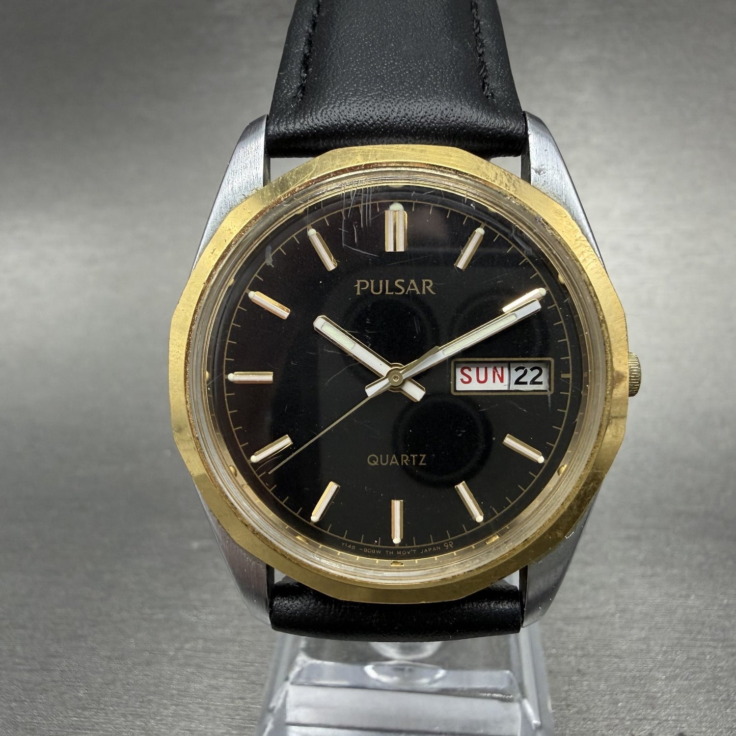 Seiko Pulsar Watch Men 35mm Black Dial Two Tone Daydate Y148-8070 New Battery0