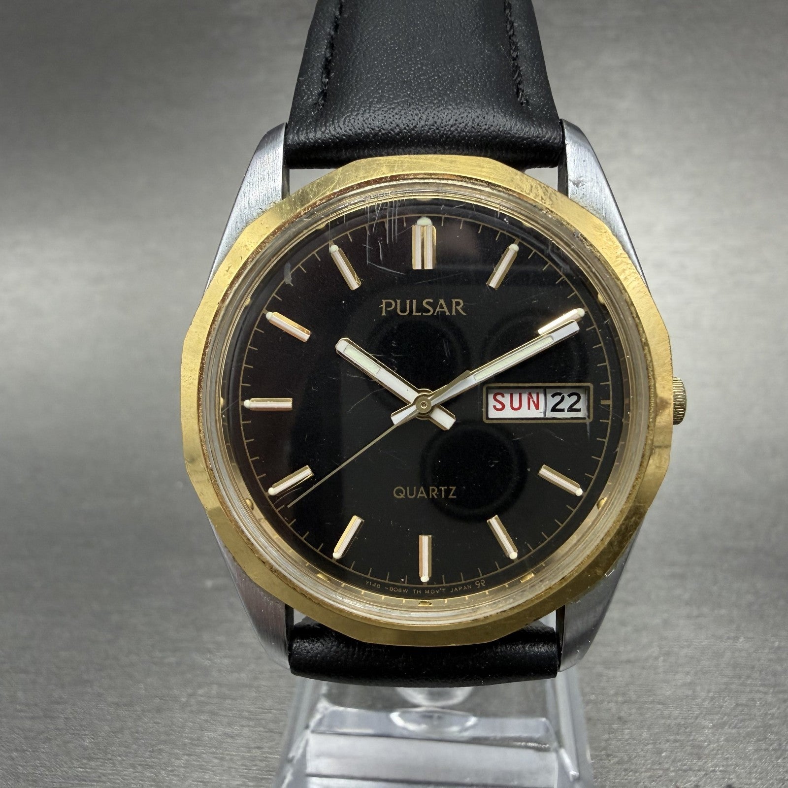 Seiko Pulsar Watch Men 35mm Black Dial Two Tone Daydate Y148-8070 New Battery0