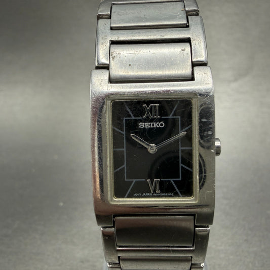 Seiko Tank Watch Women 20mm Black Dial Silver Tone 1N00-6T40 New Battery Vintage0
