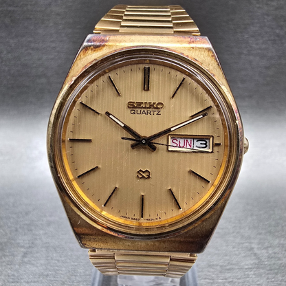 Seiko SQ Watch Men 35mm Gold Dial Gold Tone Daydate Round 8223-8029 New Battery0
