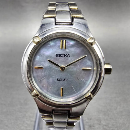 Seiko Solar Watch Women 24mm MOP Dial Two Tone Round V115-0AB0 Runs Bracelet0