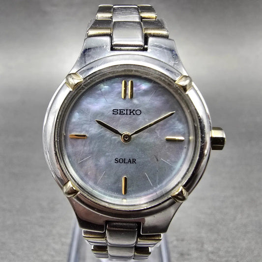 Seiko Solar Watch Women 24mm MOP Dial Two Tone Round V115-0AB0 Runs Bracelet0