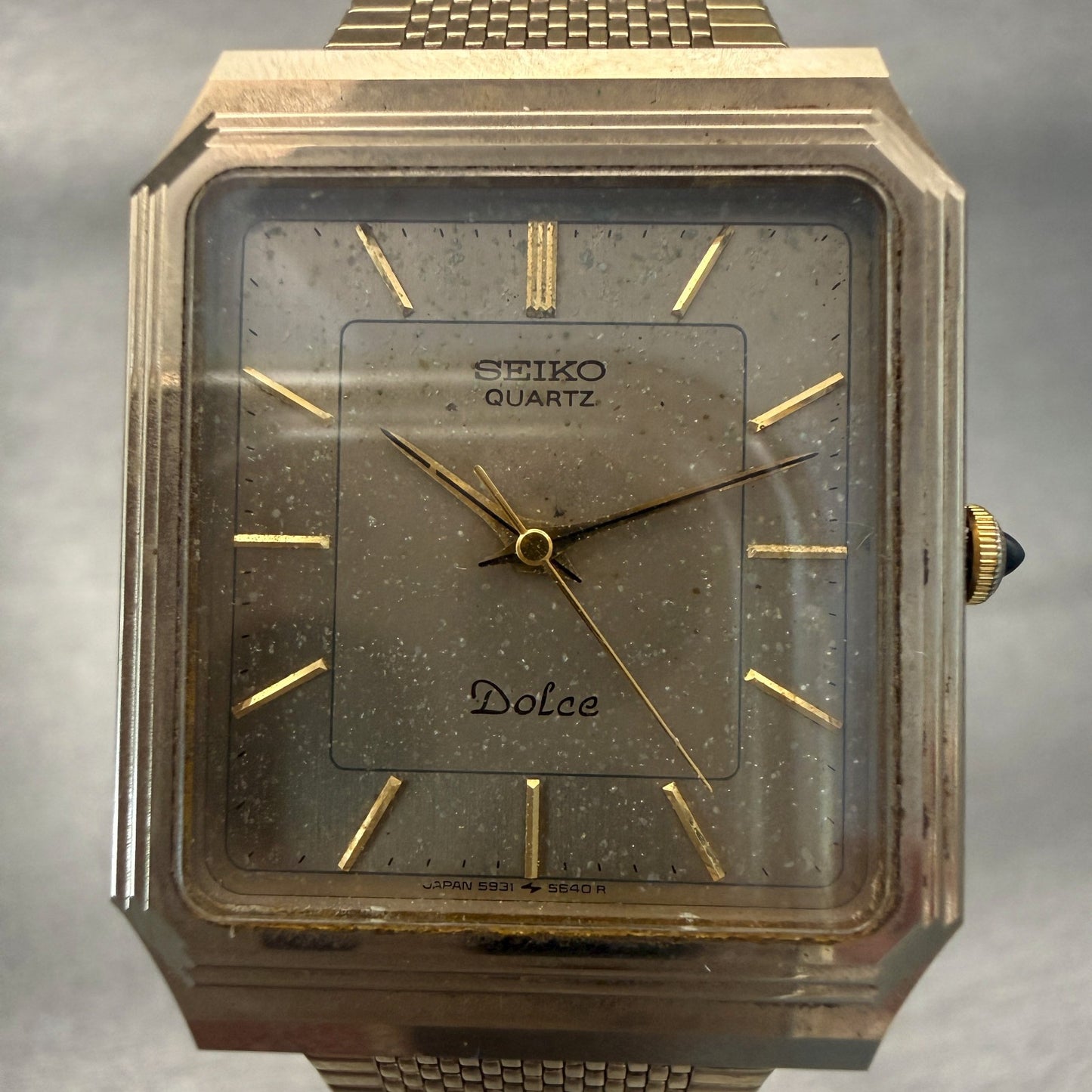 Seiko Dolce Watch Men 29mm Gold Dial Gold Tone Rectangle 5931-5490 New Battery1