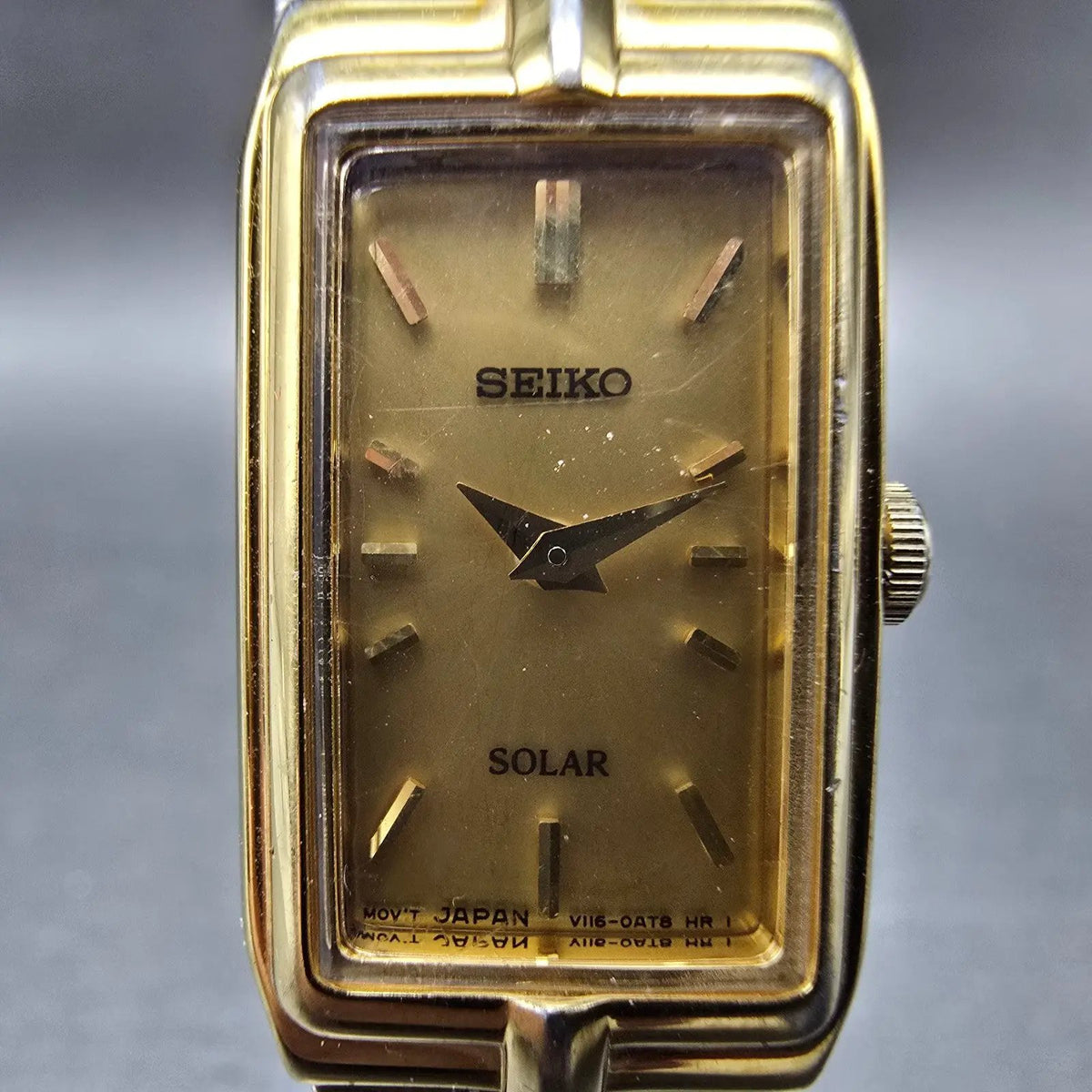 Seiko Solar Tank Watch Women 15mm Gold Dial Gold Tone Rectangle V116-0AH0 WorksL1