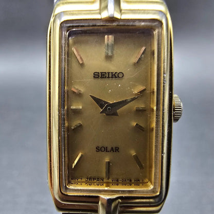 Seiko Solar Tank Watch Women 15mm Gold Dial Gold Tone Rectangle V116-0AH0 WorksL1