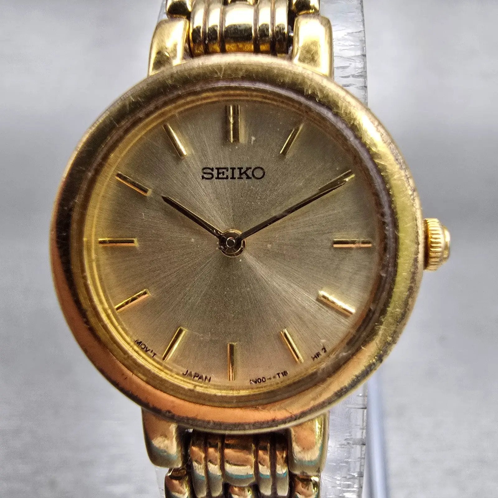 Seiko Watch Women 21mm Gold Dial Gold Tone Round 1N00-1E09 New Battery Vintage1