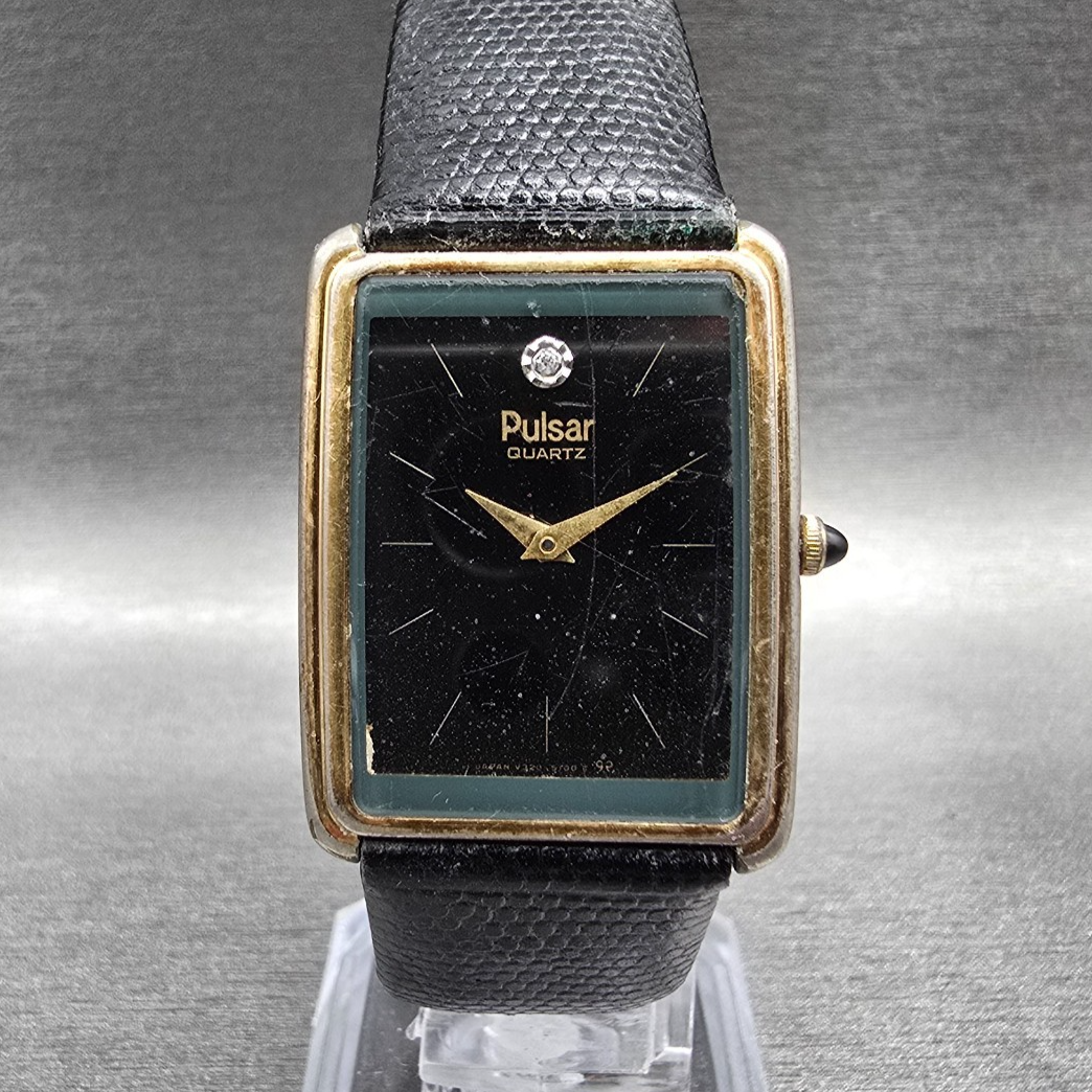Pulsar Tank Watch Men 24mm Black Dial Gold Rectangle V320-5059 New Battery JP0