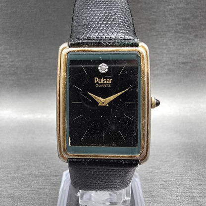 Pulsar Tank Watch Men 24mm Black Dial Gold Rectangle V320-5059 New Battery JP0